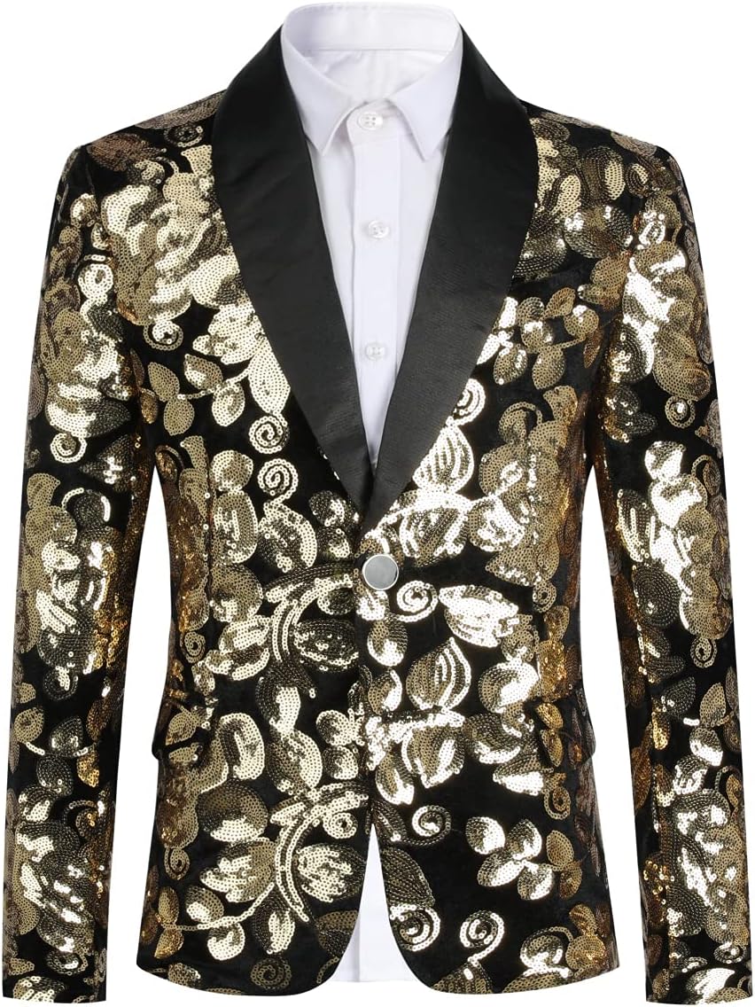 Boys Slim Fit Blazer Shiny Fashion Tuxedo Suit Jacket Golden Sequin Shawl Collar
