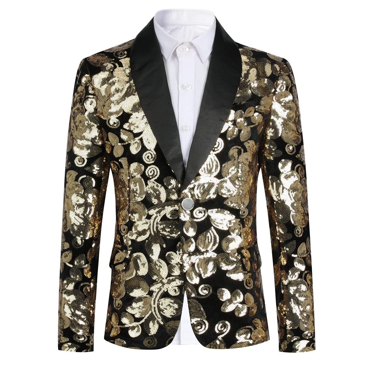 Boys Slim Fit Blazer Shiny Fashion Tuxedo Suit Jacket Golden Sequin Shawl Collar