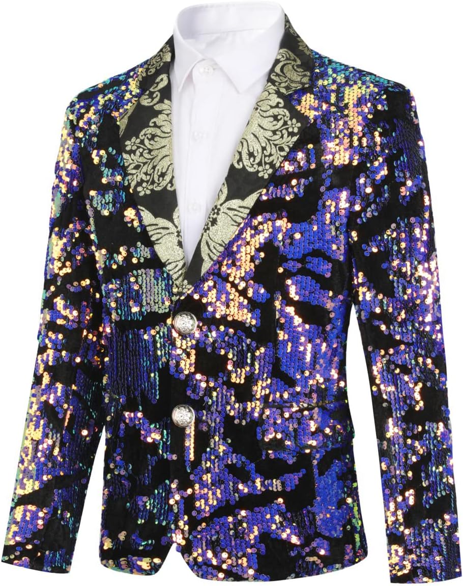 Boys Slim Fit Blazer Shiny Fashion Tuxedo Suit Jacket Sequin Notched Lapel 10 Years