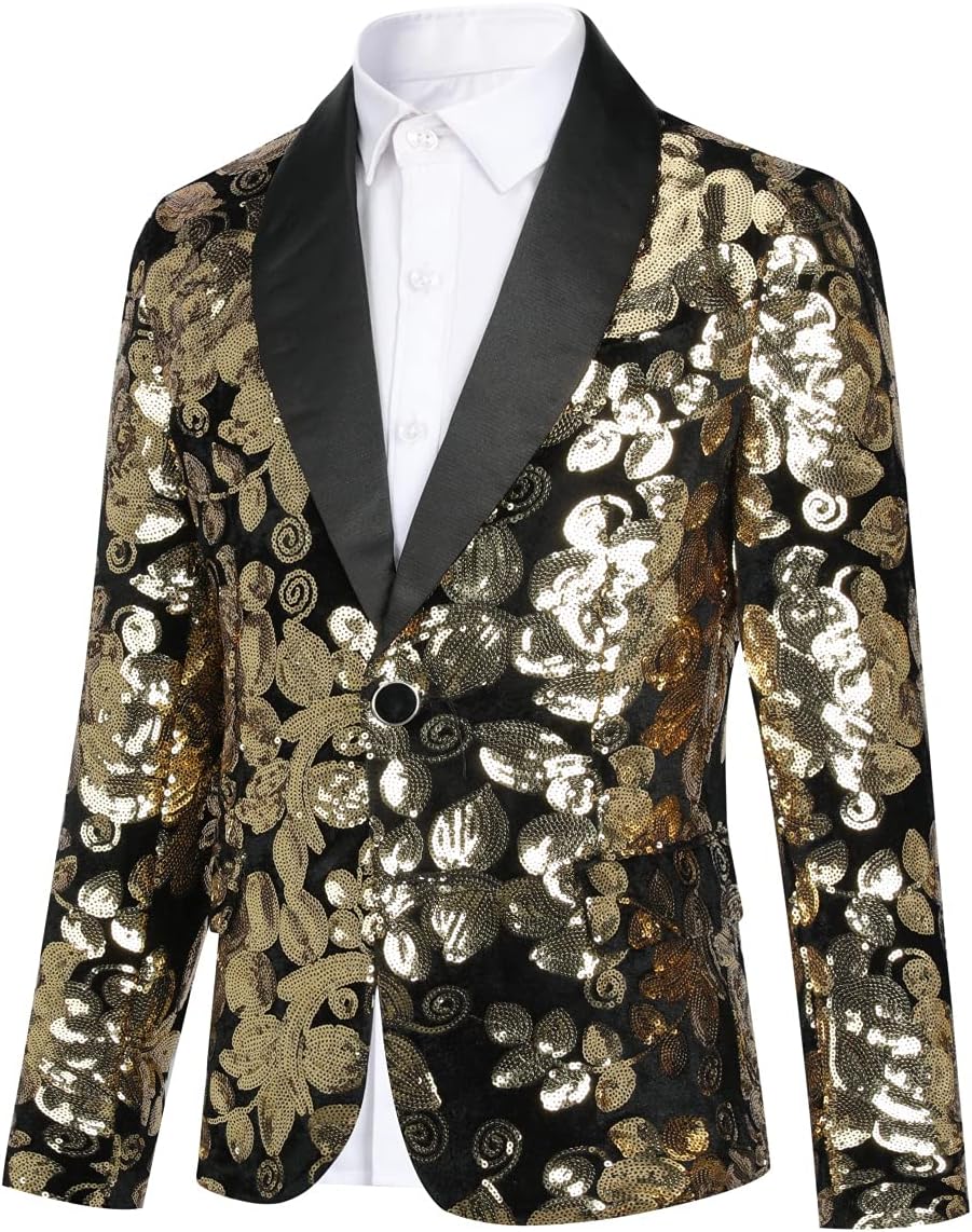 Boys Slim Fit Blazer Shiny Fashion Tuxedo Suit Jacket Golden Sequin Shawl Collar