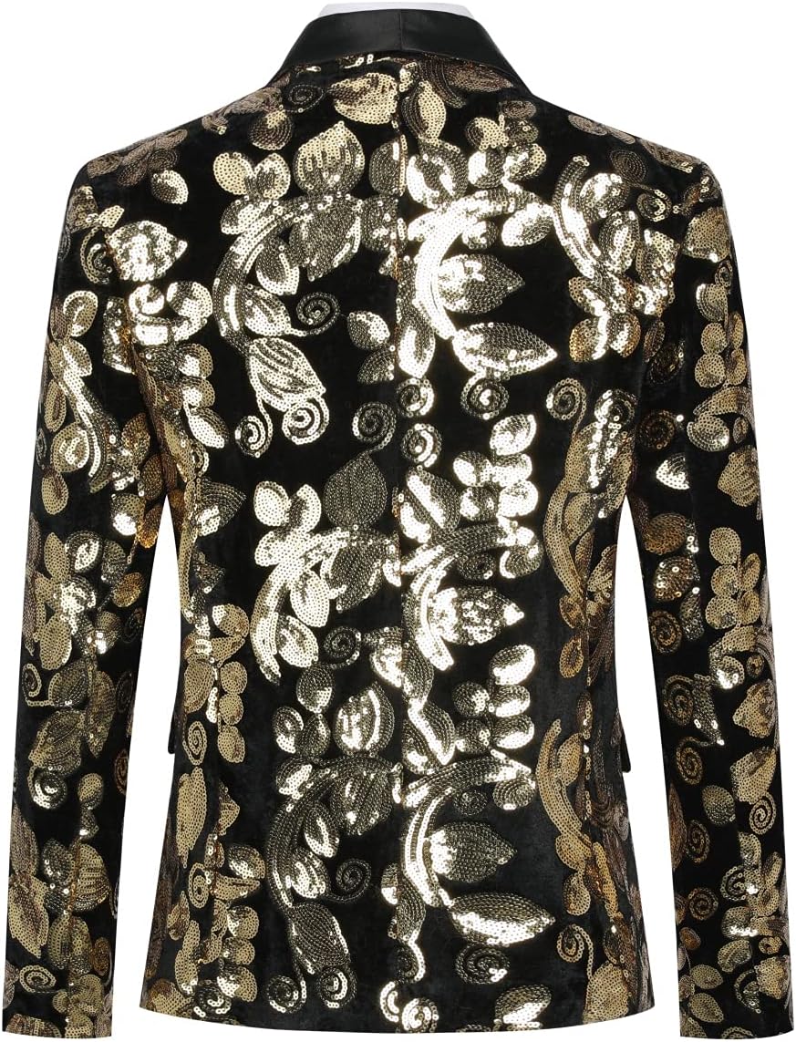 Boys Slim Fit Blazer Shiny Fashion Tuxedo Suit Jacket Golden Sequin Shawl Collar