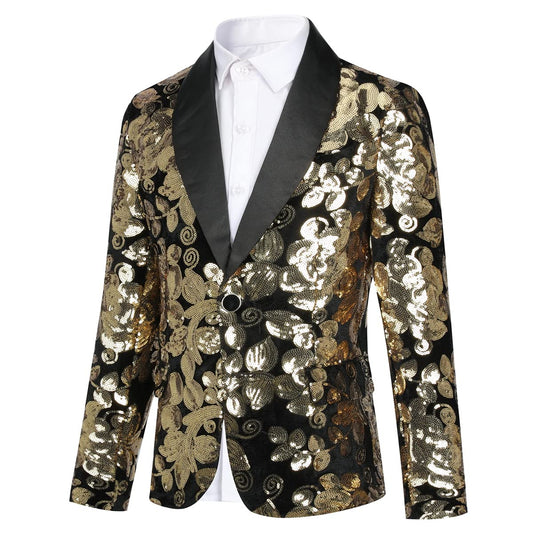 Boys Slim Fit Blazer Shiny Fashion Tuxedo Suit Jacket Golden Sequin Shawl Collar